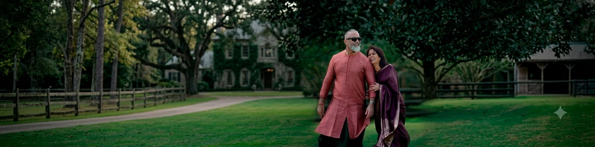 Retired couple walking through landscaped garden at golden hour
